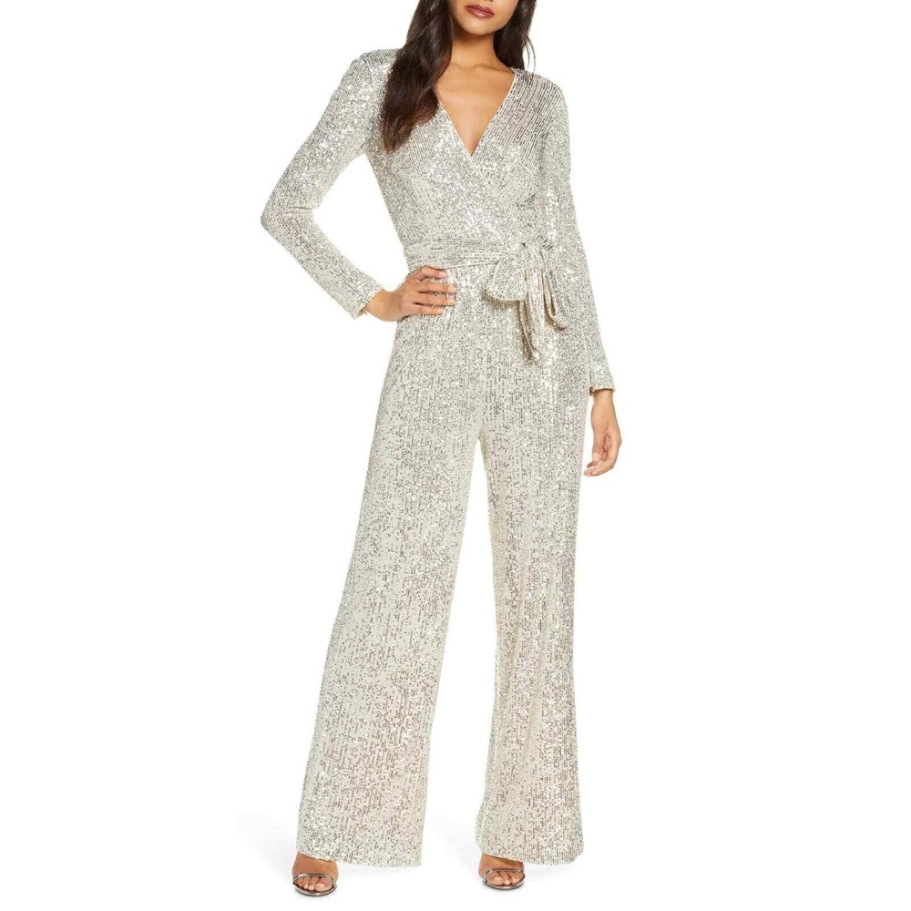 Eliza J Silver Sequined Wrap Front Long Sleeve Party Jumpsuit Size 2